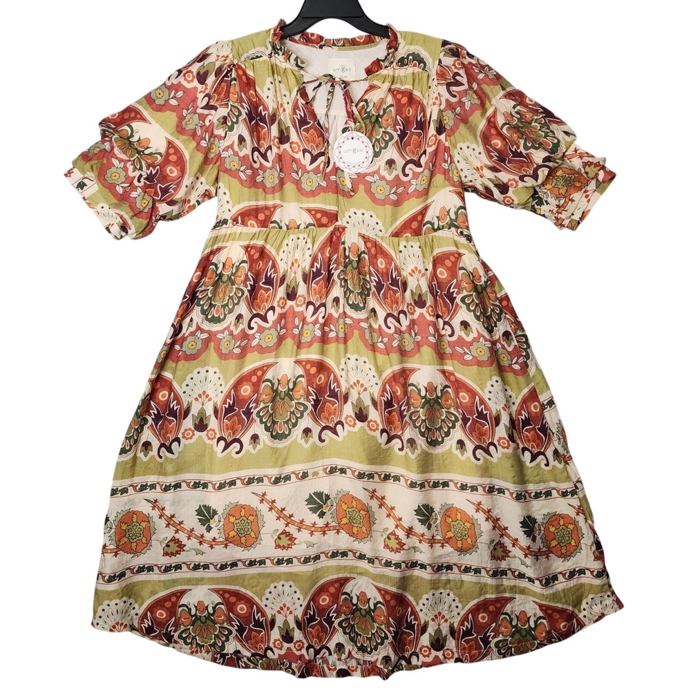 Umgee Paisley Babydoll Dress Women Large Green Orange Boho Floral Puff Sleeve‎